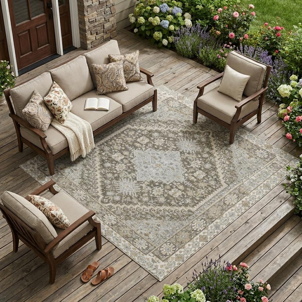 10' X 14' Brown And Silver Oriental Washable Indoor Outdoor Area Rug - Sports & Outdoor