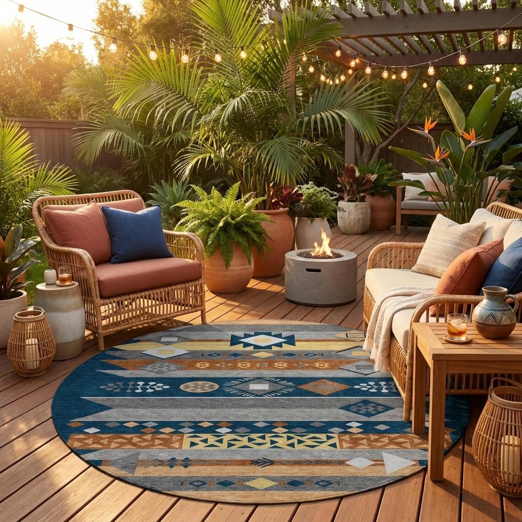 8' Navy Blue And Orange Round Geometric Washable Indoor Outdoor Area Rug - Sports & Outdoor