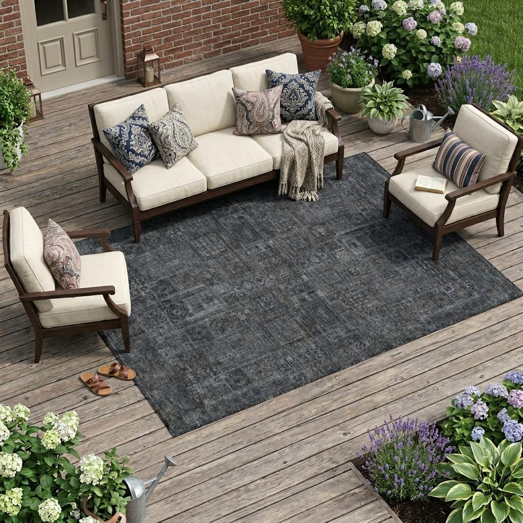 10' X 14' Gray And Graphite Oriental Washable Indoor Outdoor Area Rug - Sports & Outdoor