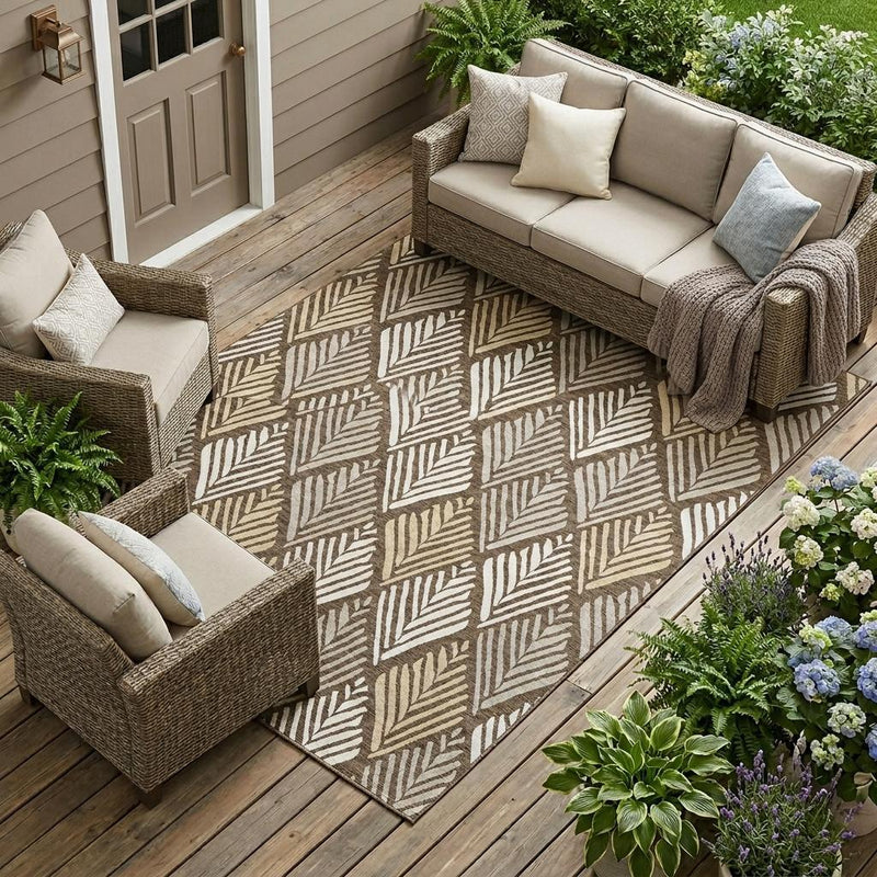 Geometric area rug in white and brown with leaf stripe design under outdoor seating