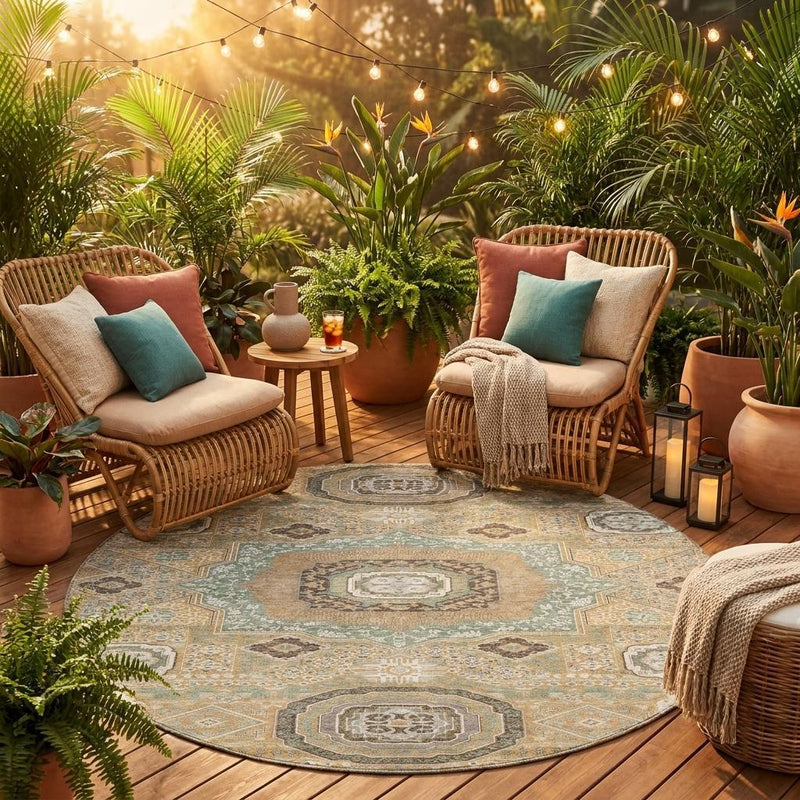 Round oriental area rug with gold and sage medallion pattern and ornate borders