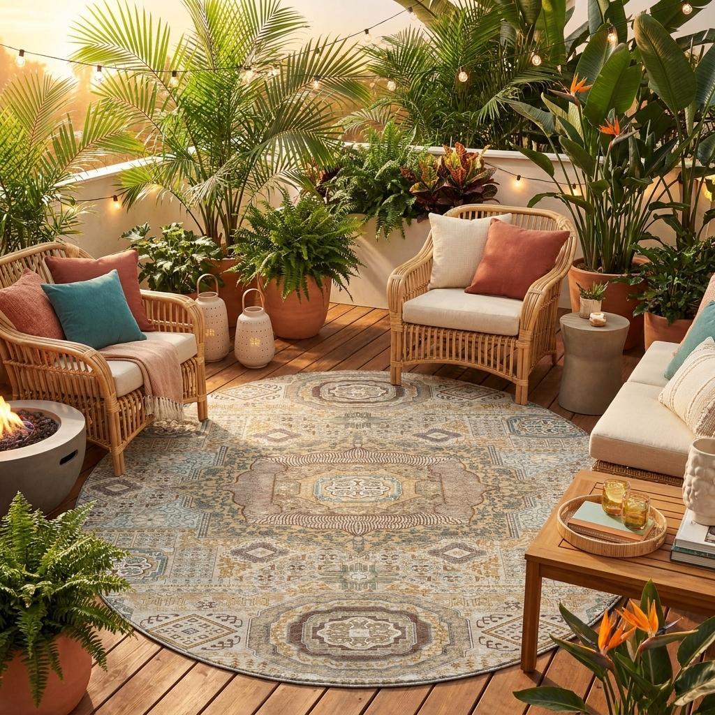8' Beige And Ivory Round Oriental Washable Indoor Outdoor Area Rug - Sports & Outdoor