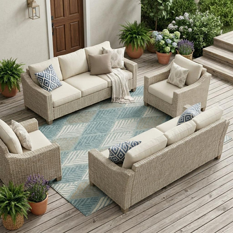 Teal blue and silver geometric area rug with diamond pattern, outdoor placement