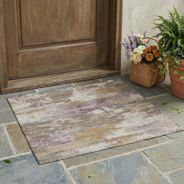 Taupe and brown abstract washable area rug with faded purple accents, rectangular design