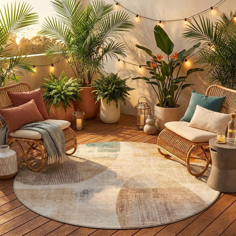Round ivory geometric area rug with silver and tan accents for indoor or outdoor use