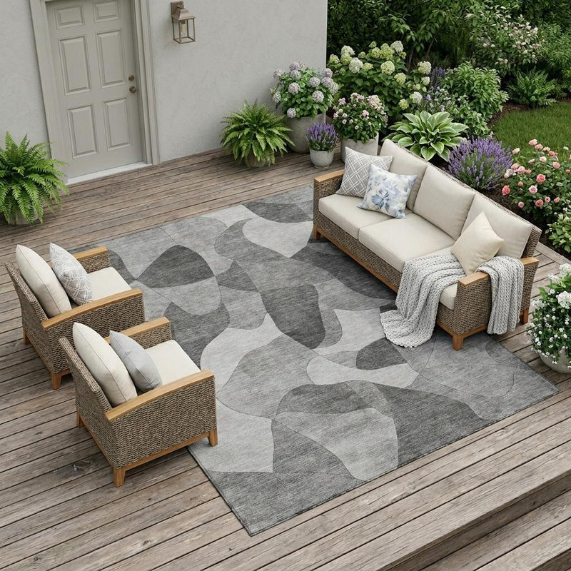 Gray and silver abstract area rug for indoor and outdoor spaces