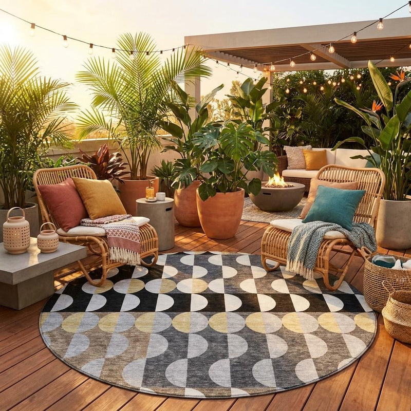 Round geometric rug with black, gray, and gold circles for indoor or outdoor use