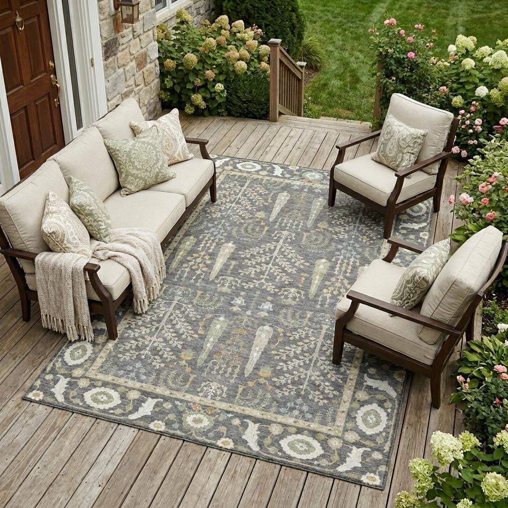10' X 14' Gray And Graphite Oriental Washable Indoor Outdoor Area Rug - Sports & Outdoor