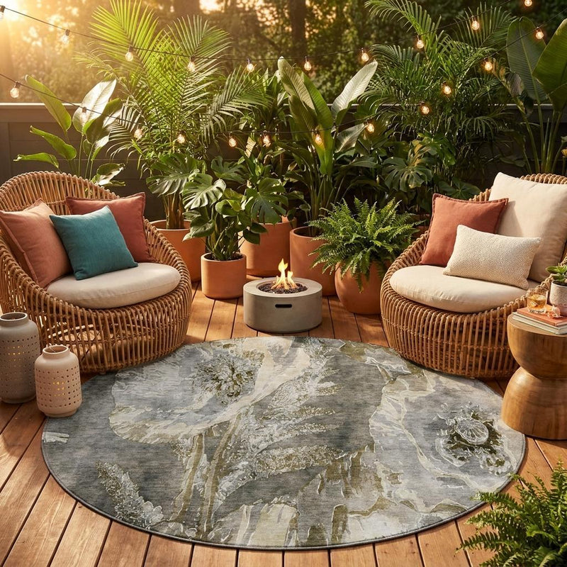 Round indoor-outdoor area rug in pewter and gray with distressed floral design