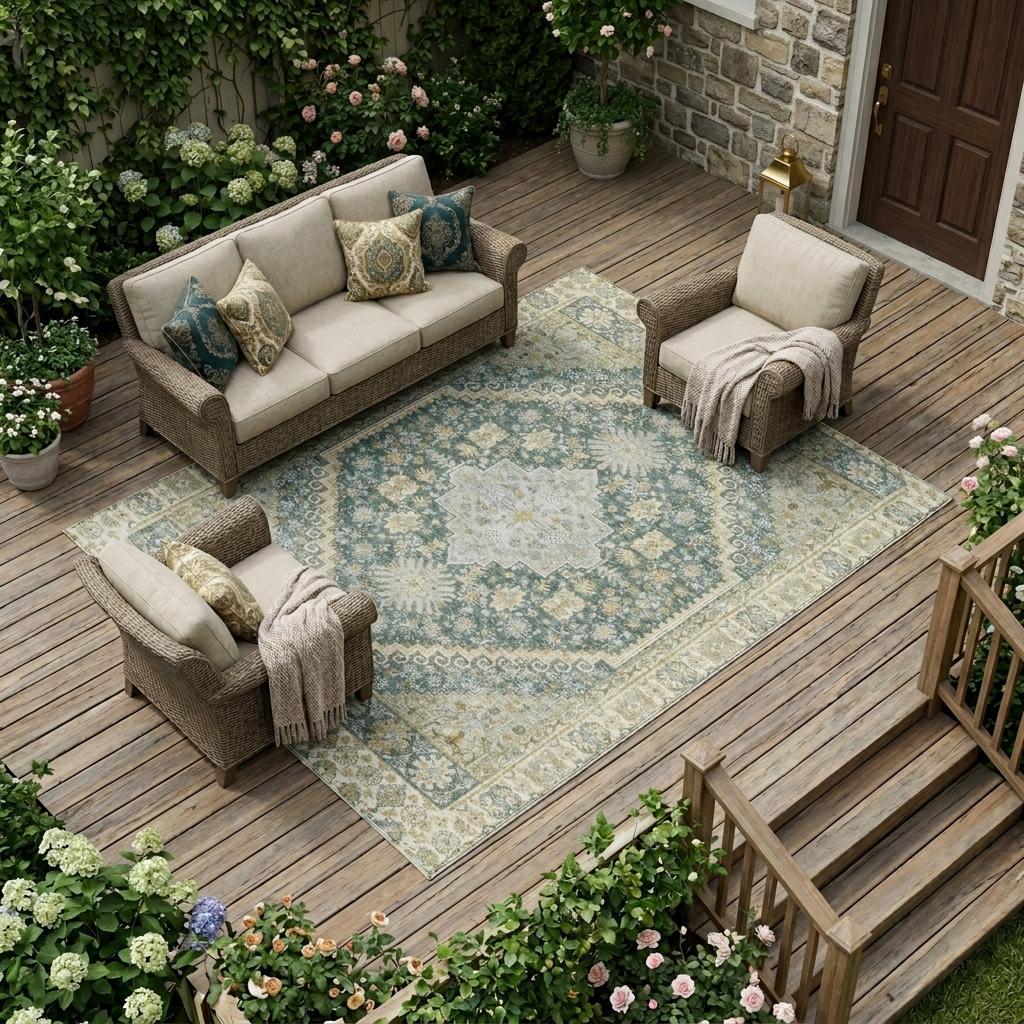 9' X 12' Fern Green And Green Oriental Washable Indoor Outdoor Area Rug - Outdoor