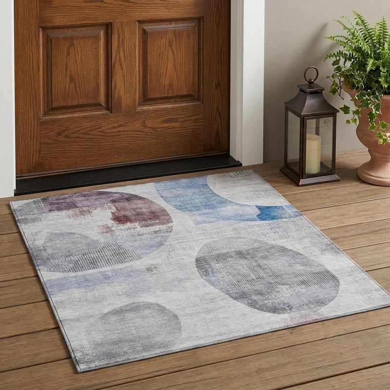 Washable area rug rectangle, abstract circle pattern in gray with blue accents