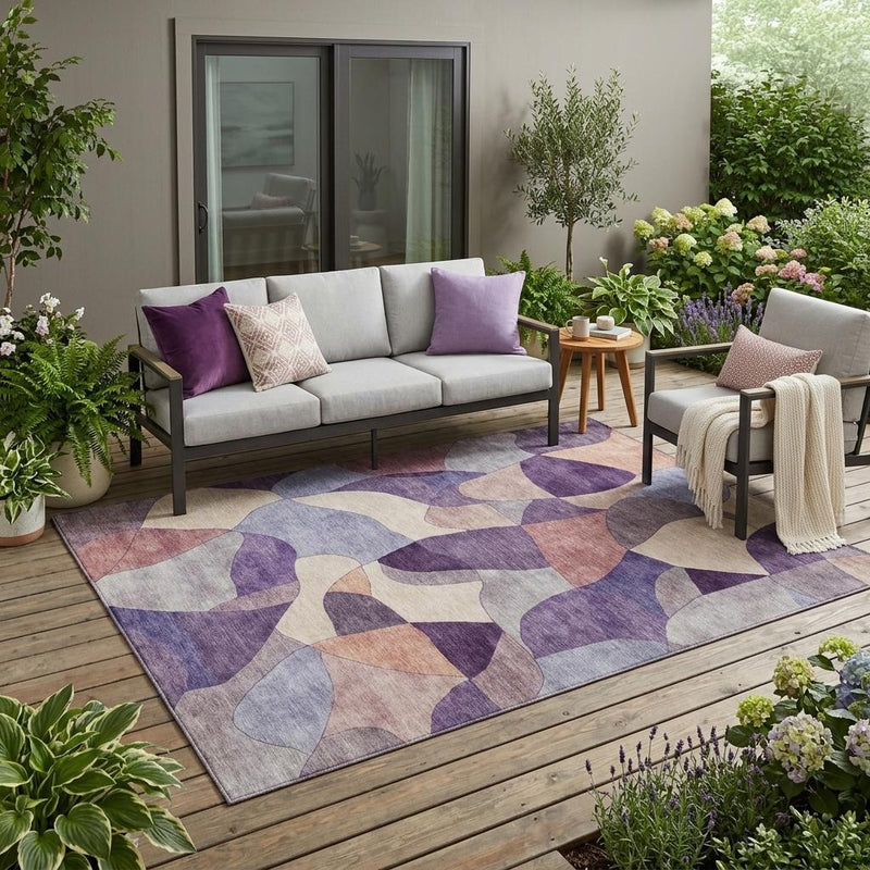 Abstract area rug with plum and purple curved blocks in beige and gray, full view