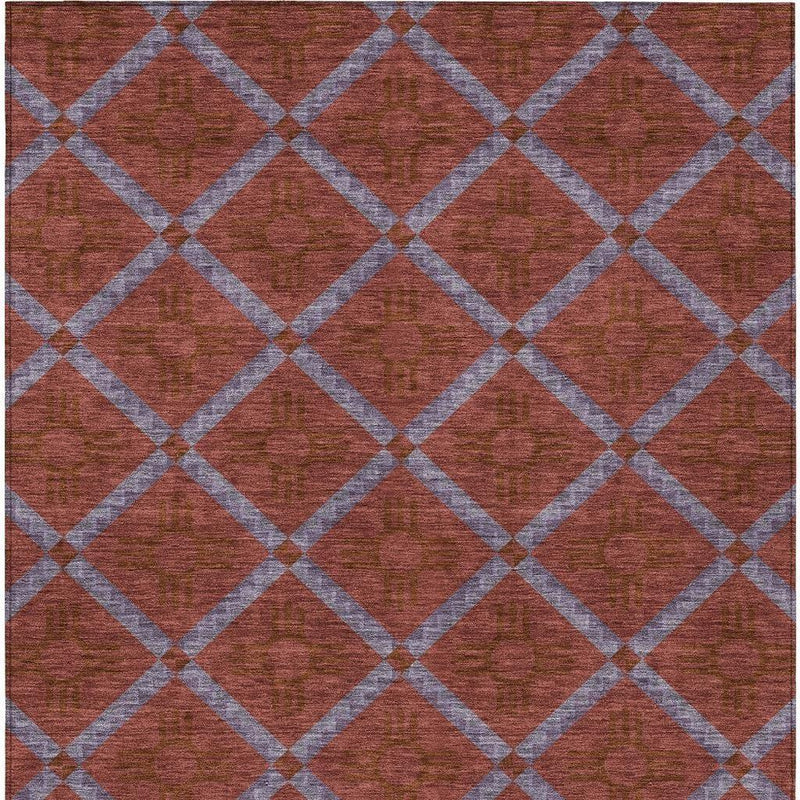 Maroon geometric area rug with overlapping diamonds and light gray lattice pattern