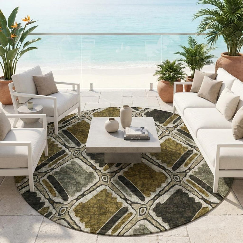 Round geometric area rug in brown, chocolate, and dark gray, patterned centerpiece