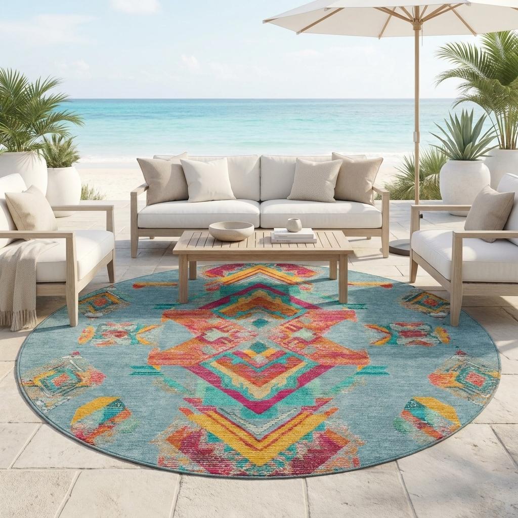 8' Teal Blue And Ivory Round Tribal Washable Indoor Outdoor Area Rug - Sports & Outdoor