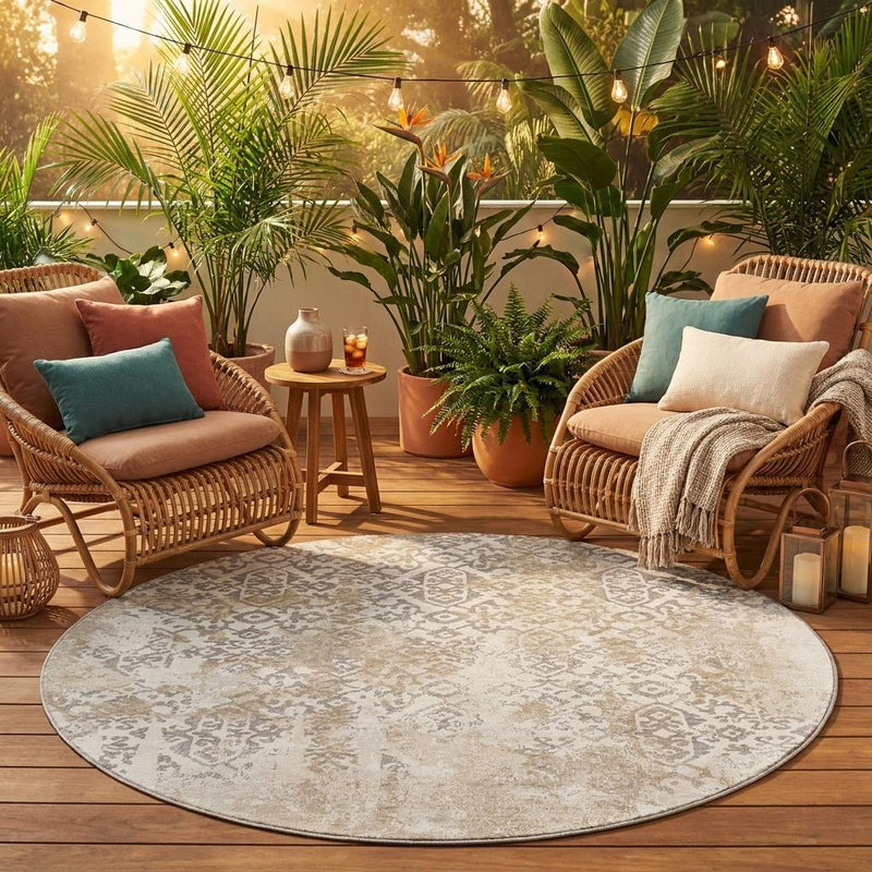 Round ivory and silver abstract area rug with patterned surface and visible edge