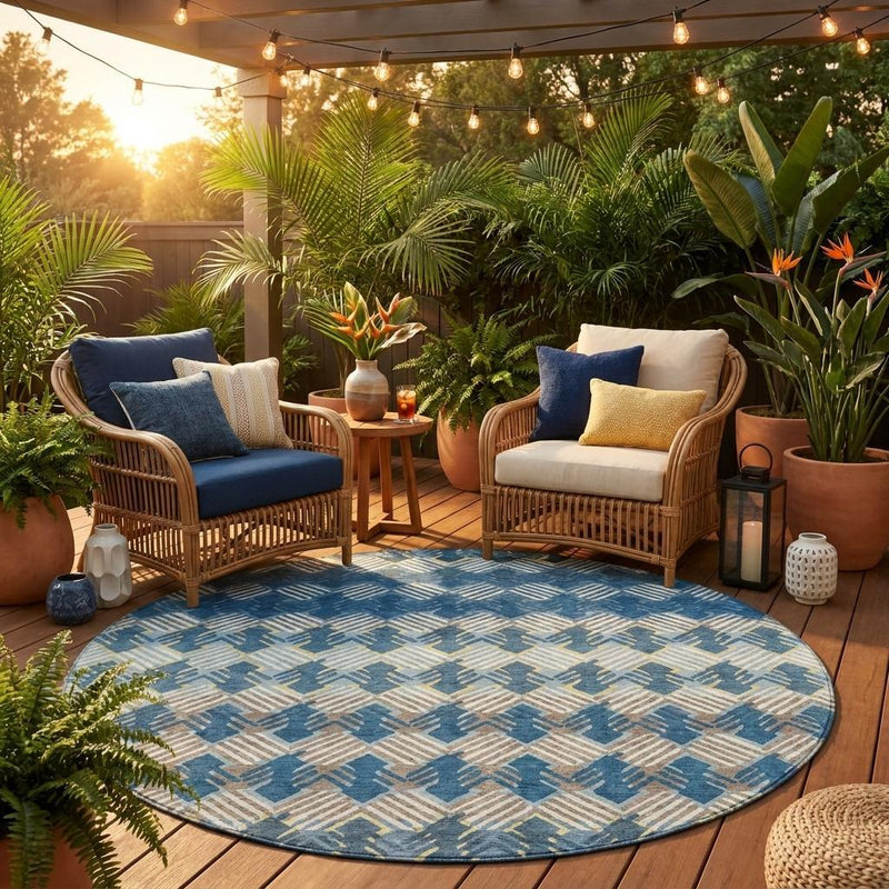 Round blue and cream geometric stripe area rug with textured weave