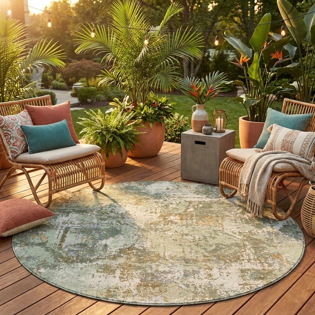 Round abstract area rug with muted green and beige distressed look, flat woven texture