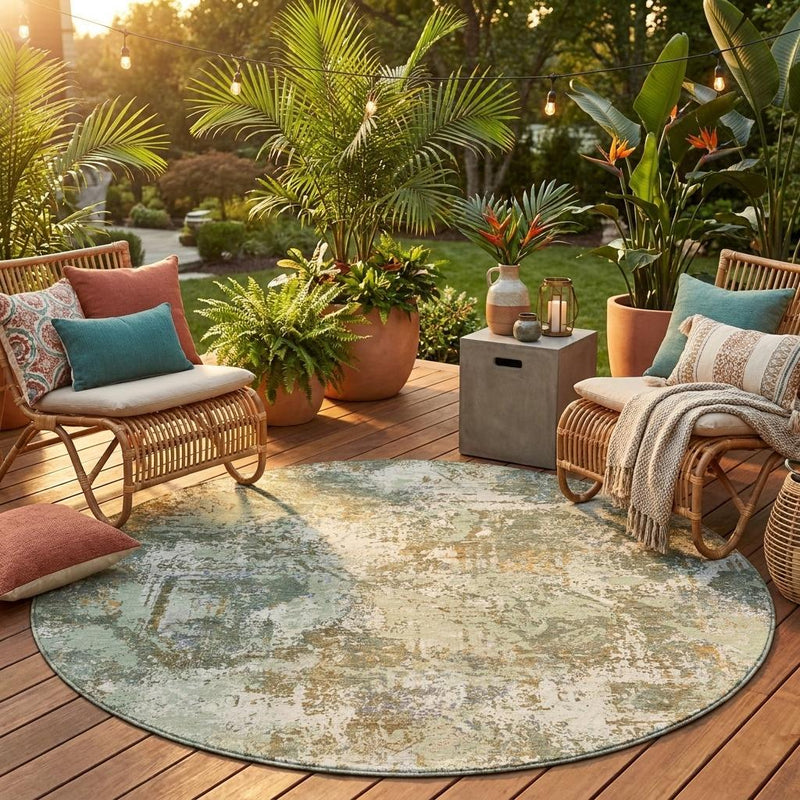 Round abstract area rug with muted green and beige distressed look, flat woven texture