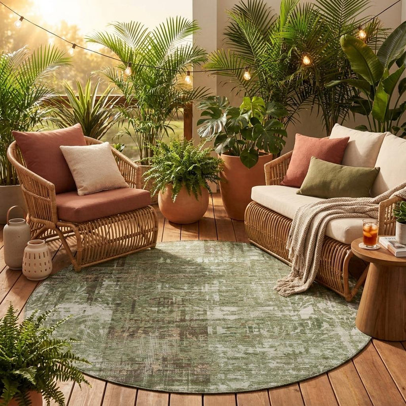 Round olive green abstract area rug in distressed pattern for indoor and outdoor use