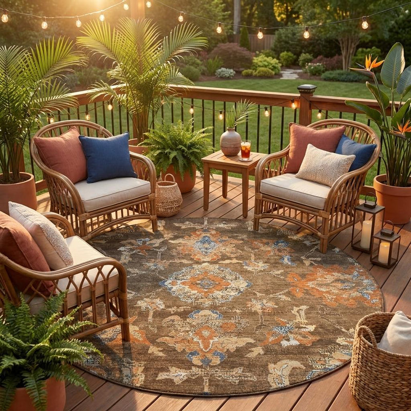 Round brown washable area rug with multicolor floral medallion pattern for indoor/outdoor use