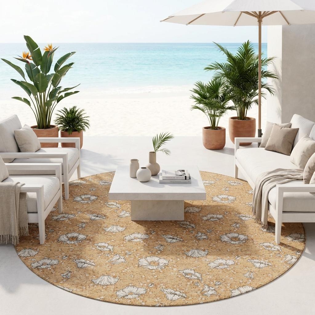Round copper-orange floral area rug with white-gray blossoms on floor