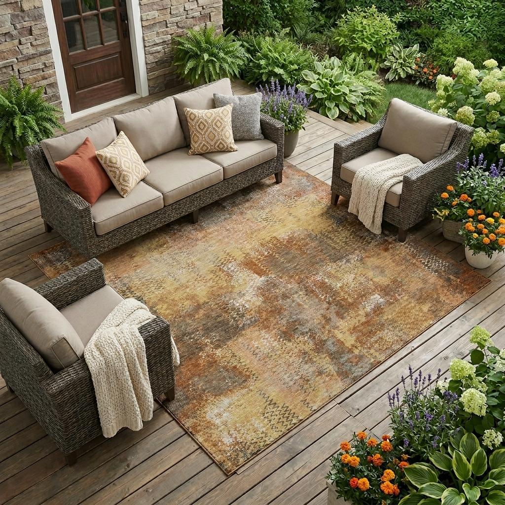Copper, orange and gray abstract area rug with distressed zigzag and mottled texture