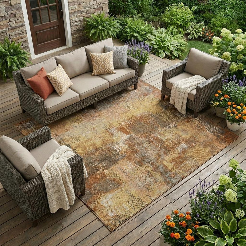 Copper, orange and gray abstract area rug with distressed zigzag and mottled texture