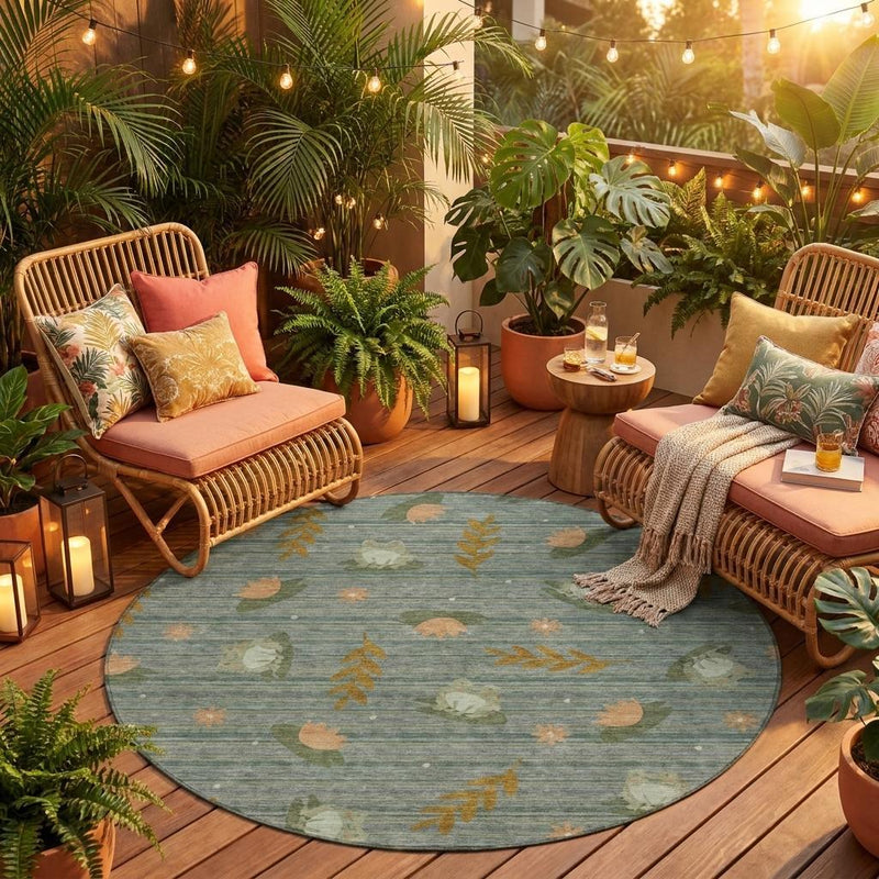 Round botanical outdoor indoor area rug with blue-gray base and leaf print