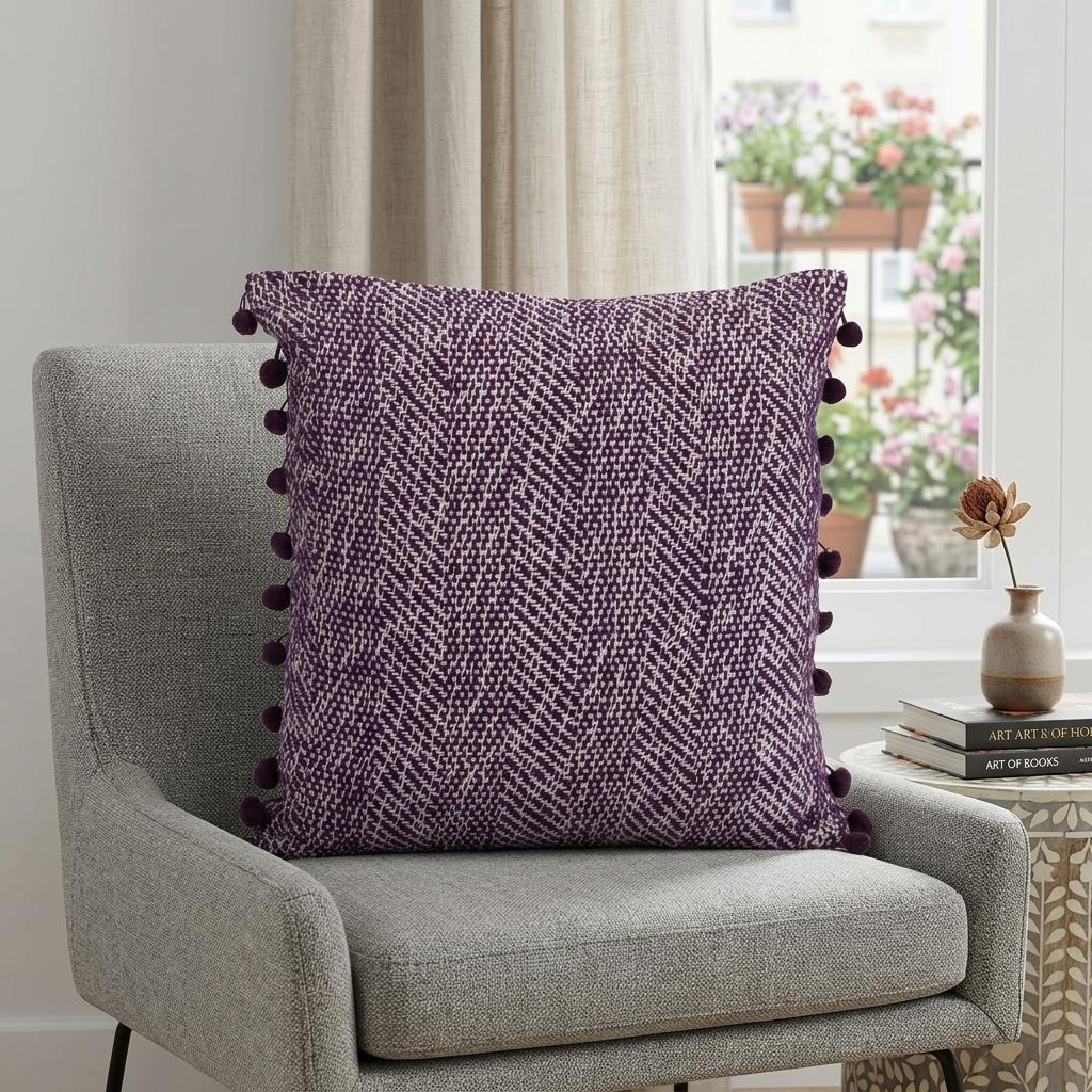18" Purple and White Weave Cotton Throw Pillow With Pom Poms - Home & Garden