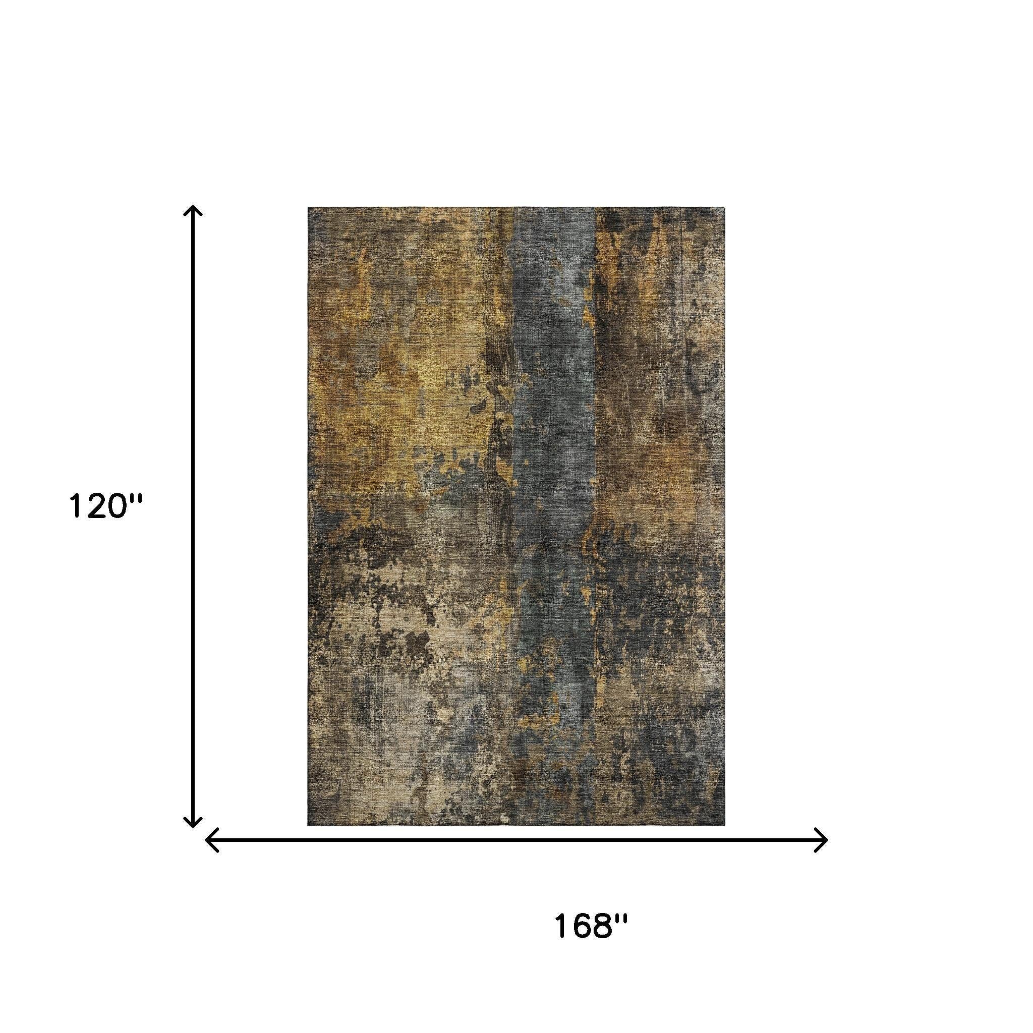 10' X 14' Gray Teal And Gold Striped Washable Area Rug With UV Protection - Home & Garden