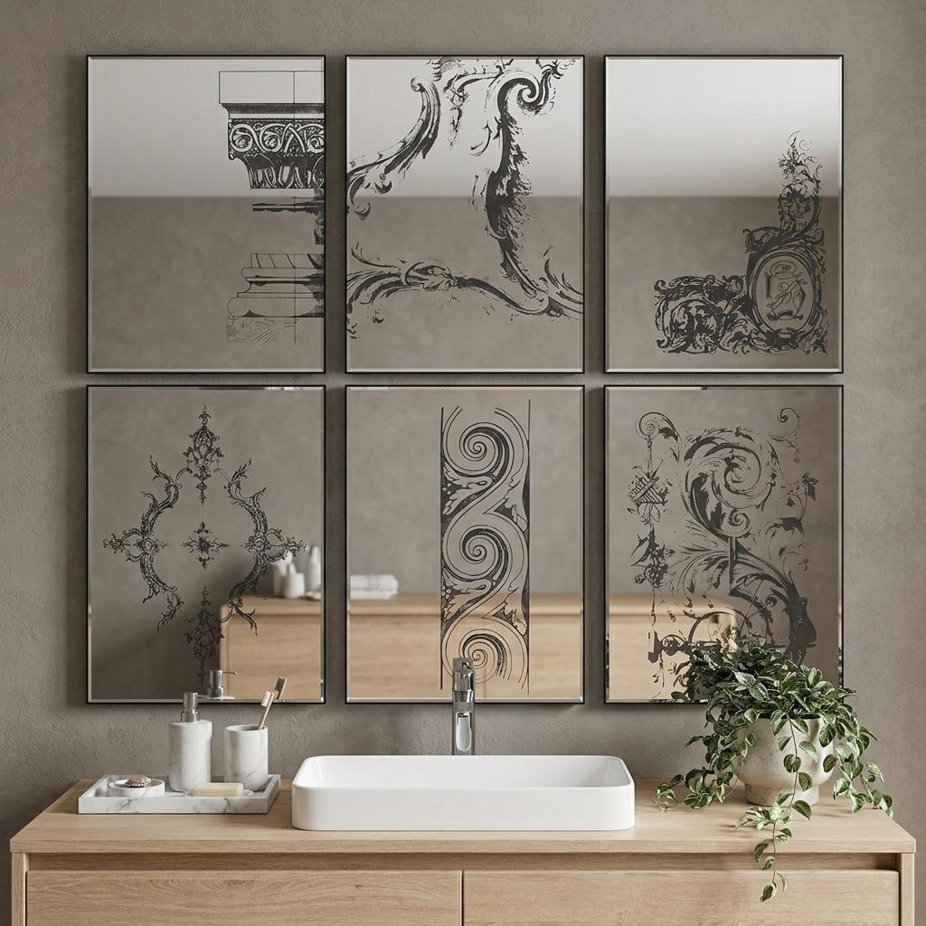 Set of Six Decorative Antiqued Glass Black Metal Framed Mirror Set - Bed & Bath