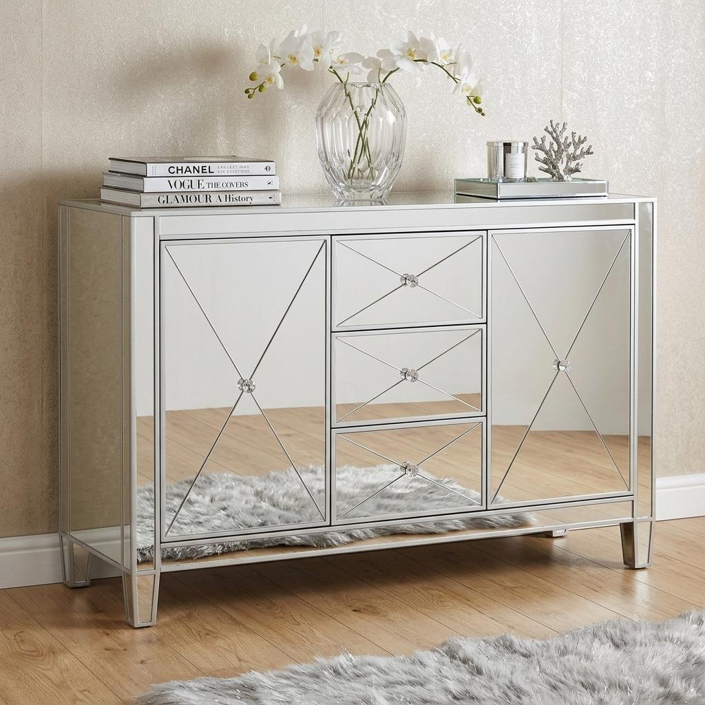 50" Silver Wood and Glass Three Drawer Credenza with Two Doors - Kitchen & Dining
