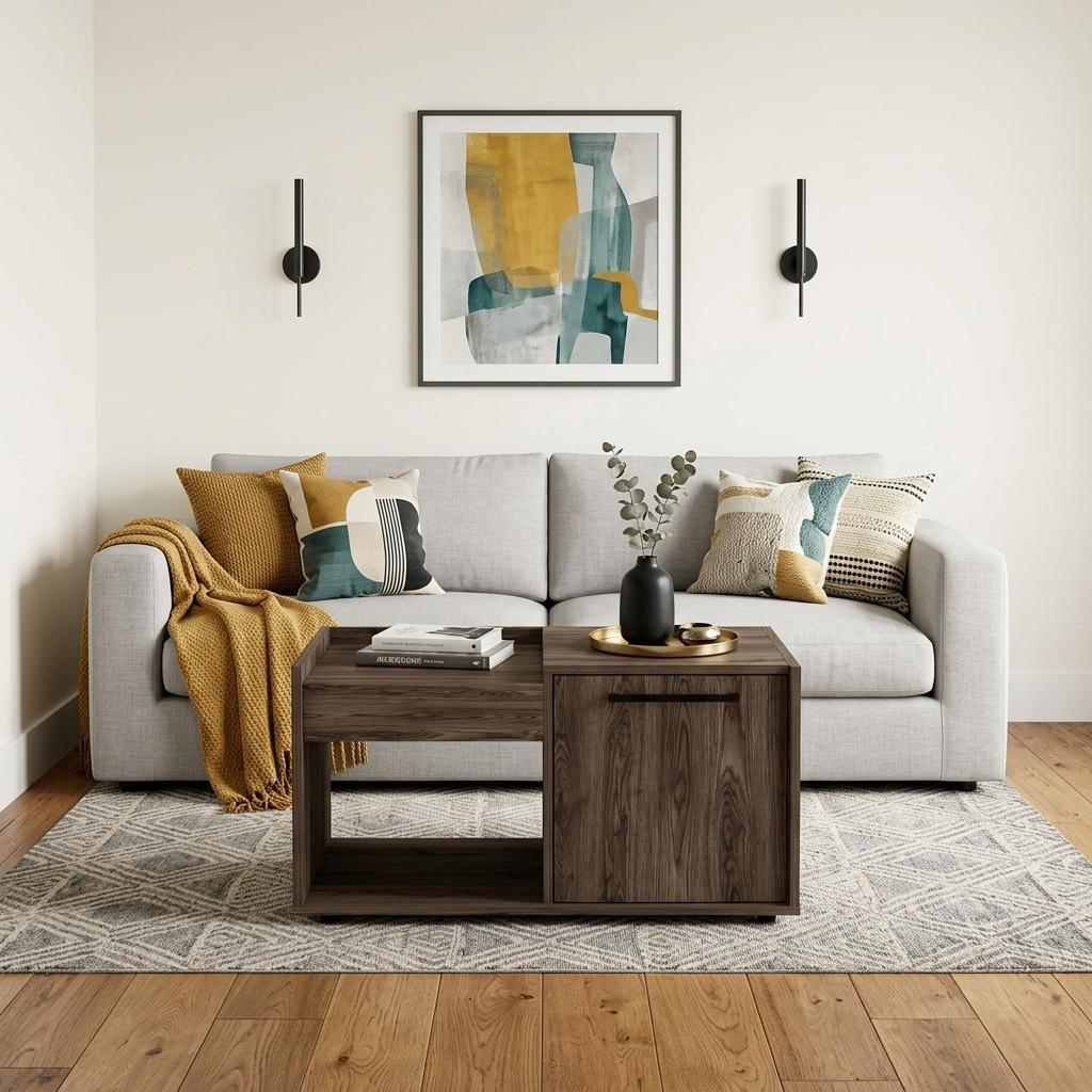 Dark brown wood coffee table with cabinet door and open shelf