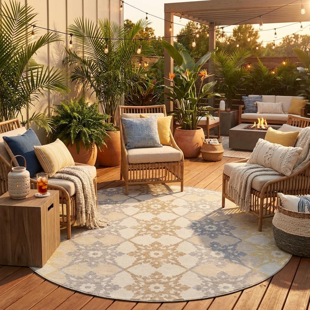 8' Ivory And Silver Round Floral Medallion Washable Indoor Outdoor Area Rug - Sports & Outdoor