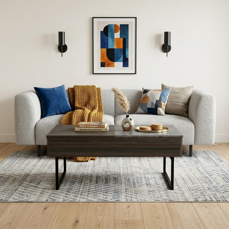 Espresso wood coffee table with black metal legs in living room setting