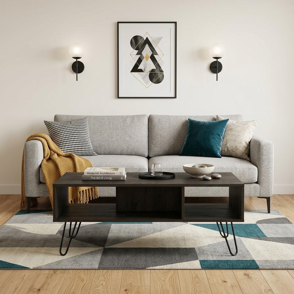 Espresso wood coffee table with open shelf and black metal hairpin legs