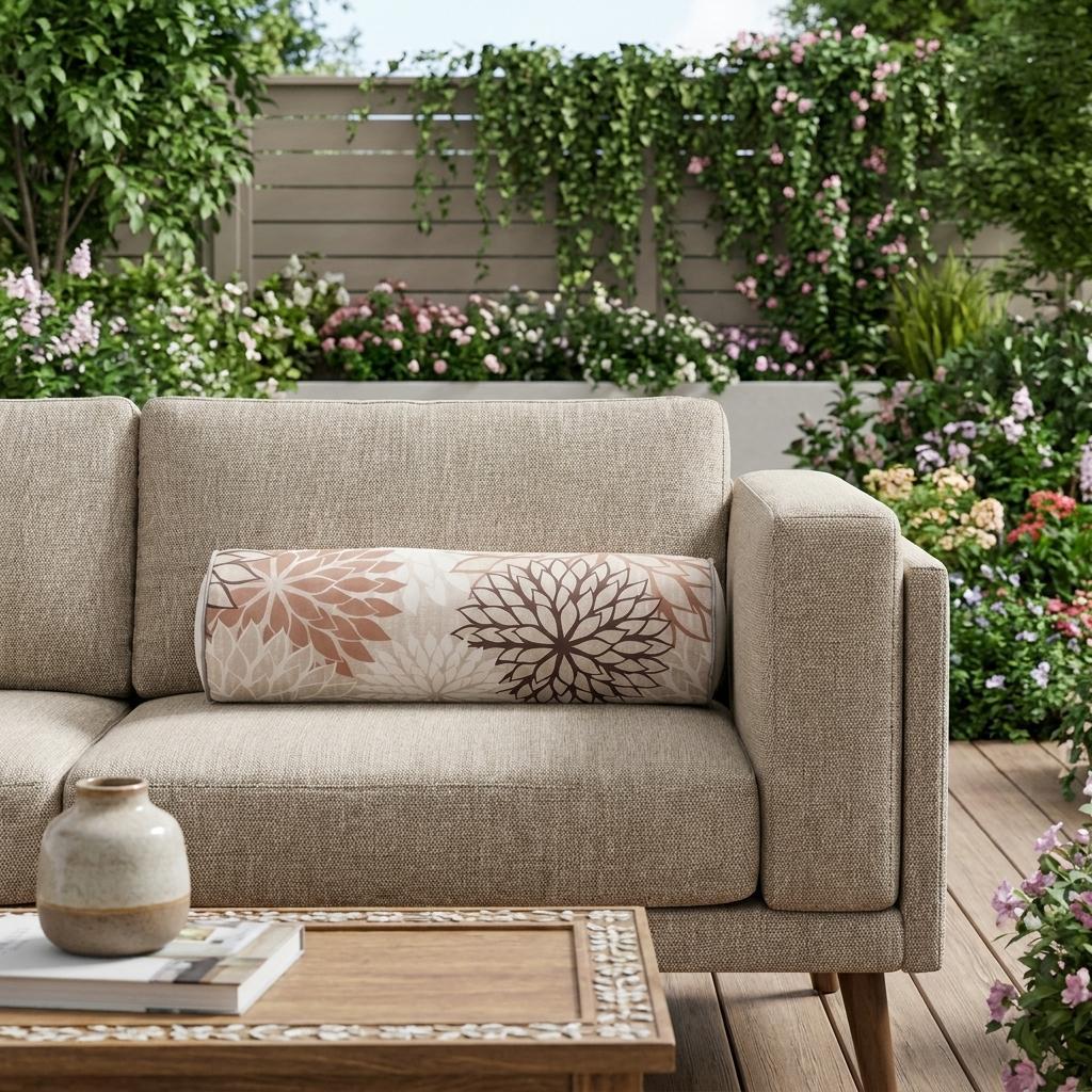 Floral bolster throw pillow on outdoor seating; beige with brown and ivory flower print.