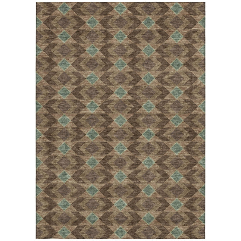 Rectangular geometric area rug with brown weave and teal diamond pattern
