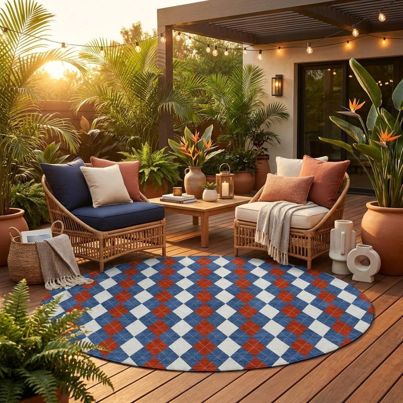 Round area rug with blue, ivory and rust diamond geometric pattern