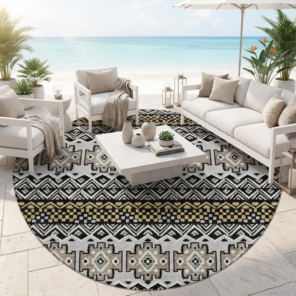 8' Black And Gray Round Striped Washable Indoor Outdoor Area Rug - Sports & Outdoor