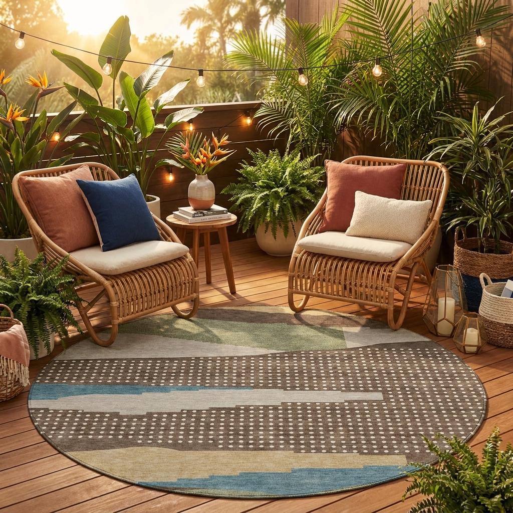 8' Coffee And Brown Round Abstract Washable Indoor Outdoor Area Rug - Sports & Outdoor