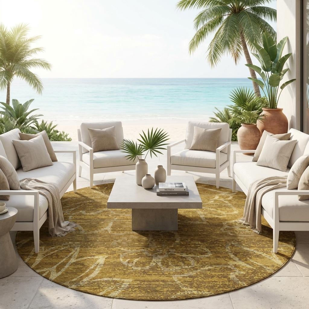 Round gold and walnut rug with cream floral design in an outdoor living space