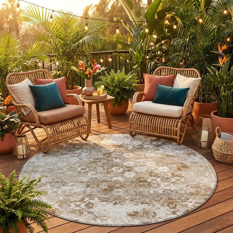 Beige round outdoor area rug with floral medallion pattern on wooden floor