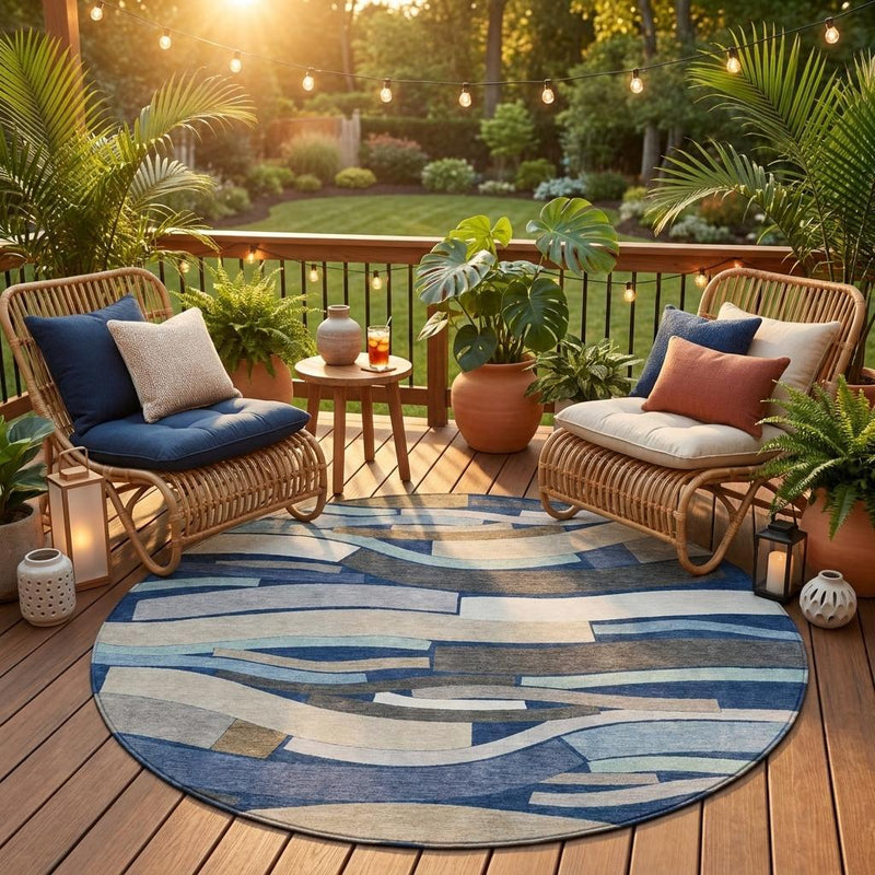 Round indoor outdoor area rug with blue geometric blocks and beige ground