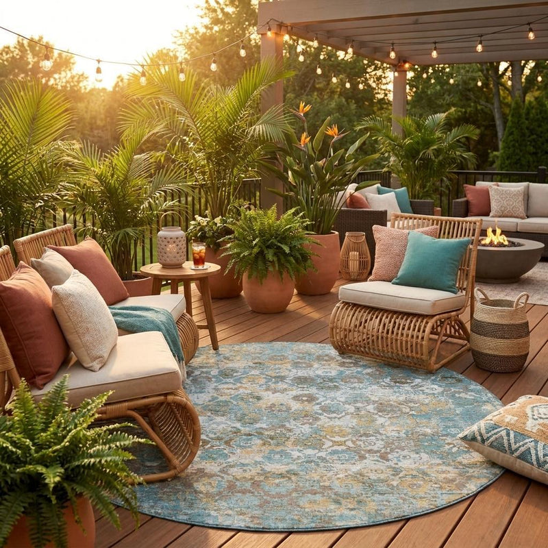 Round teal blue and beige indoor outdoor area rug with medallion floral pattern