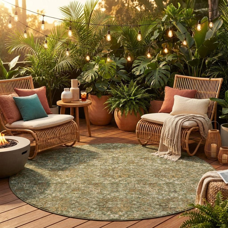 Round indoor outdoor rug in olive green with damask medallion pattern