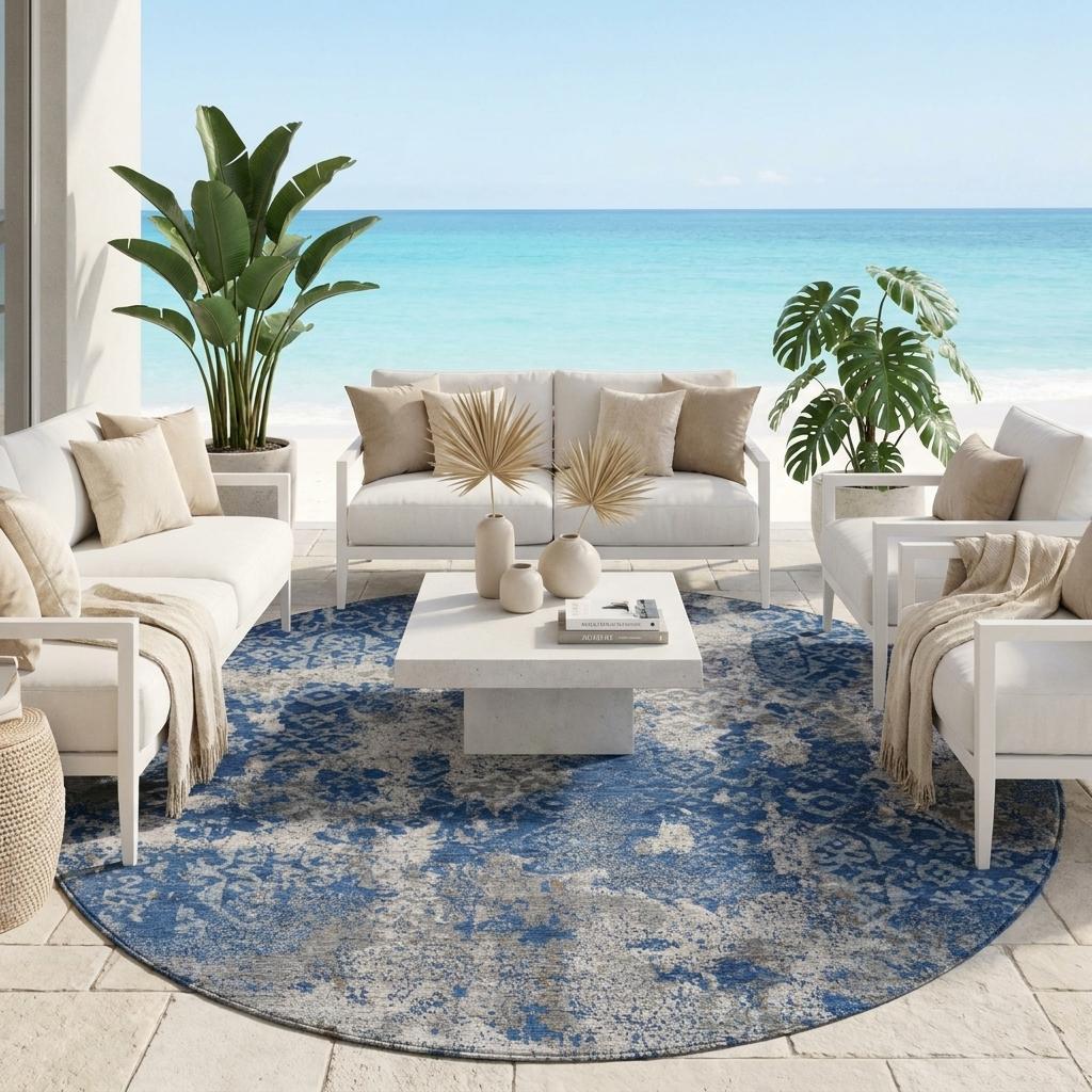 Round abstract area rug in blue and gray distressed tones