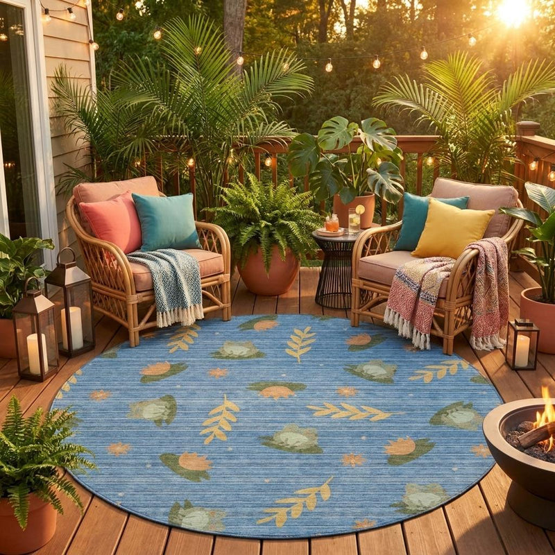 Round blue outdoor area rug with botanical leaves in olive and orange tones