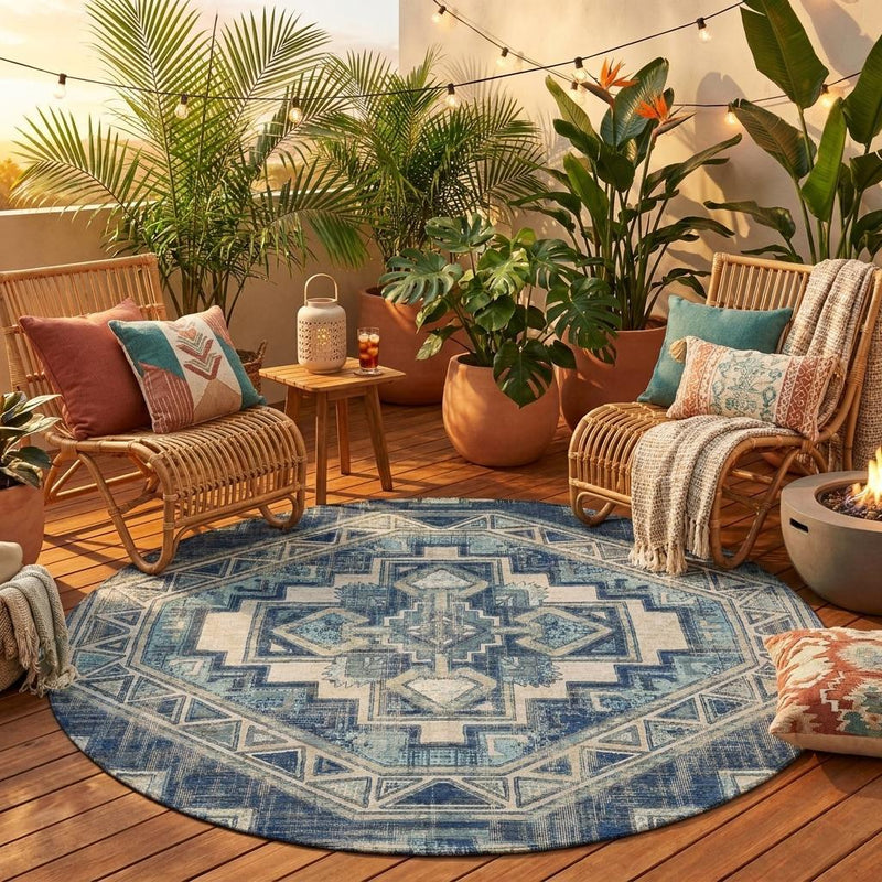 Round outdoor area rug with Southwestern geometric pattern in navy and light blue